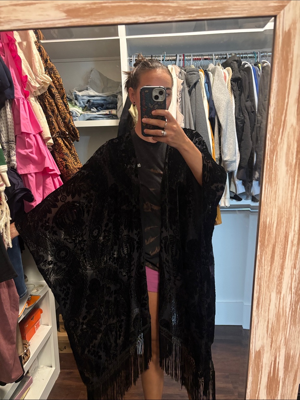 Black Velvet Burnout Fringed Kimono - Picture 6 of 7